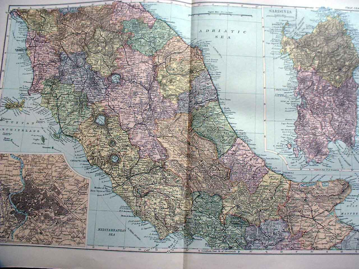 Old Antique Print Italy Central Bacon'S Maps 1893 Large 20X13" Sardinia 19th