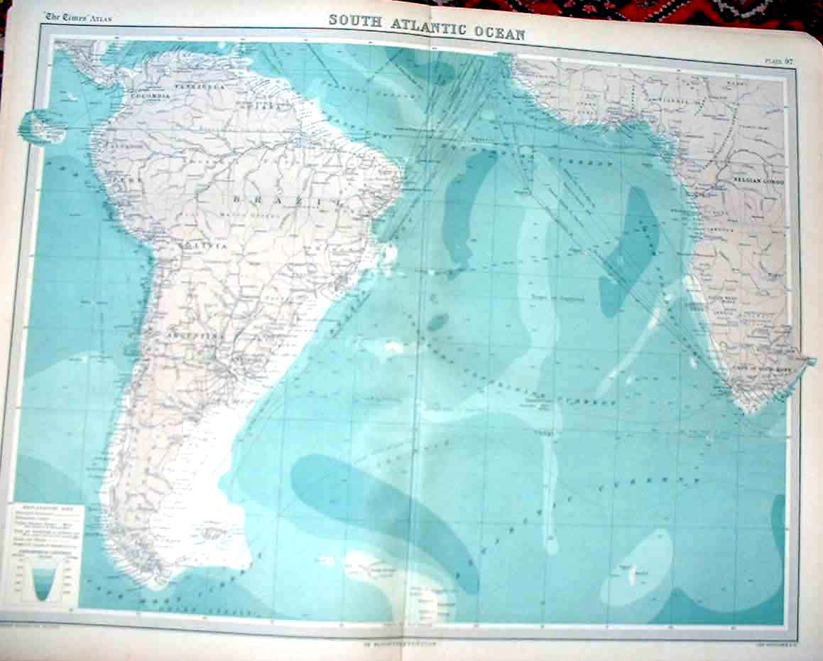Original Old Vintage Print South Atlantic Ocean 1920 Large Map Brazi-Afric 20th