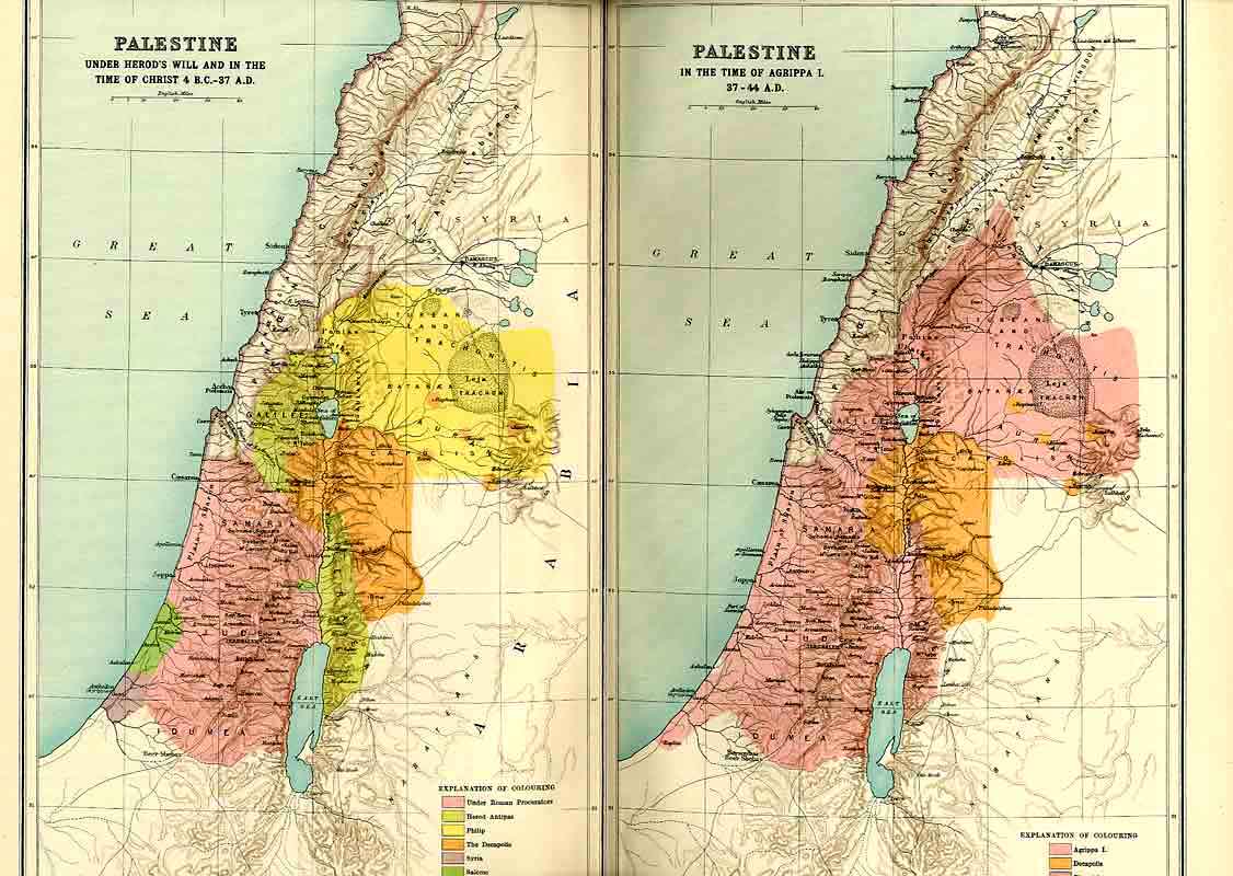 Original Old Antique Print Palestine Under Herod And Agrippa I Map 1915 20th