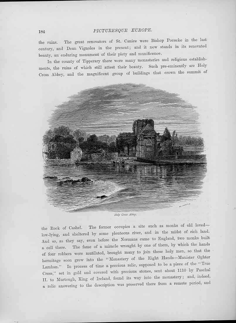 Original Old Antique Print Holy Cross Abbey S C1880 Ireland 19th
