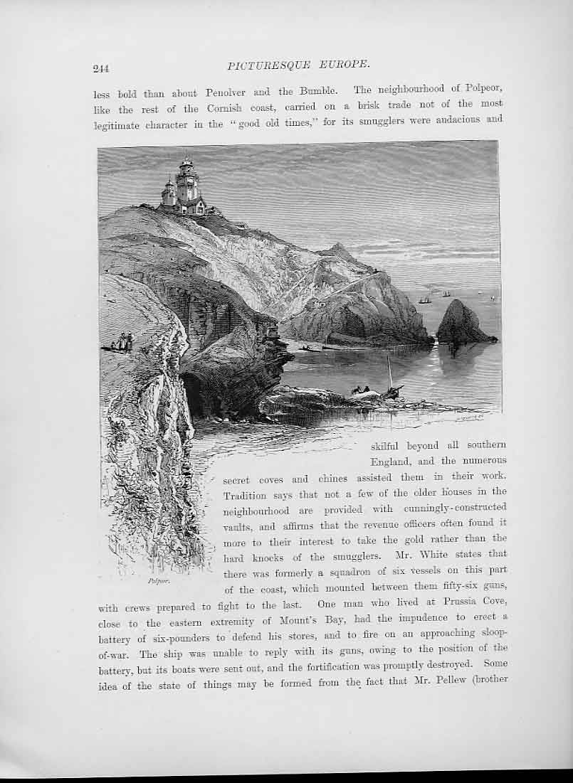 Original Old Antique Print Polpoor Cove S C1880 Cornwall 19th Century