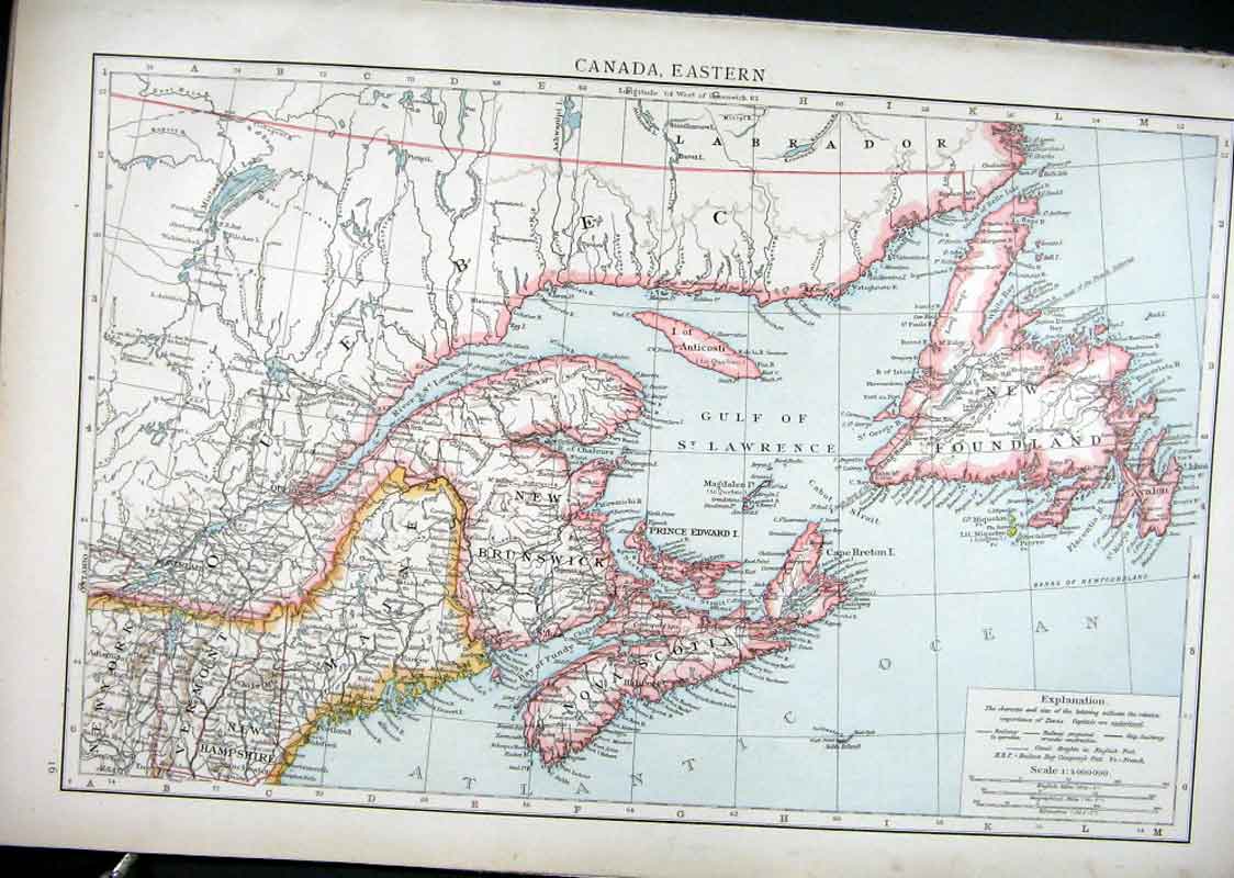 Original Old Antique Print Canada Eastern Map 1898 19th Century