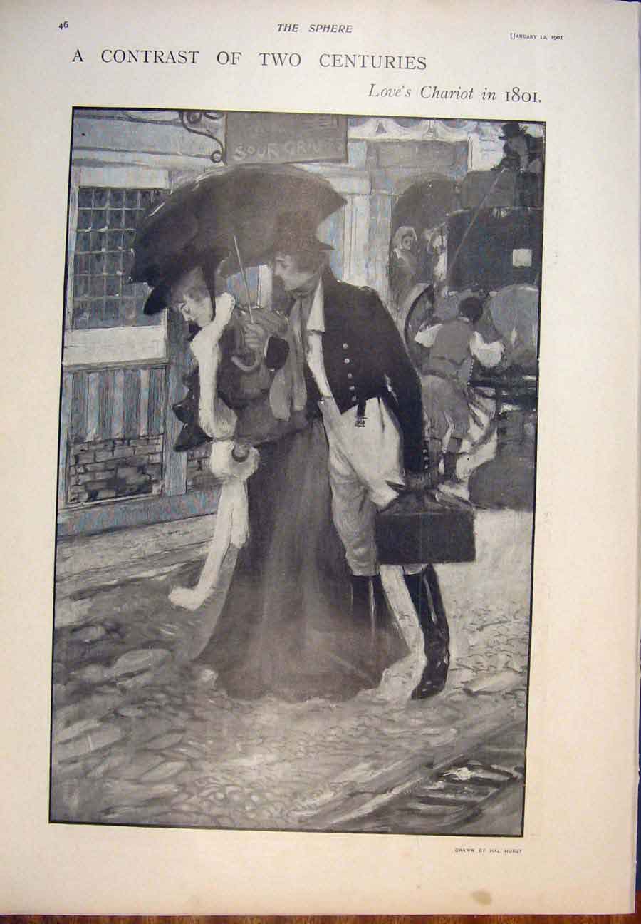 Original Old Antique Print Hurst Contrast Two Centuries Love'S Chariot 1901