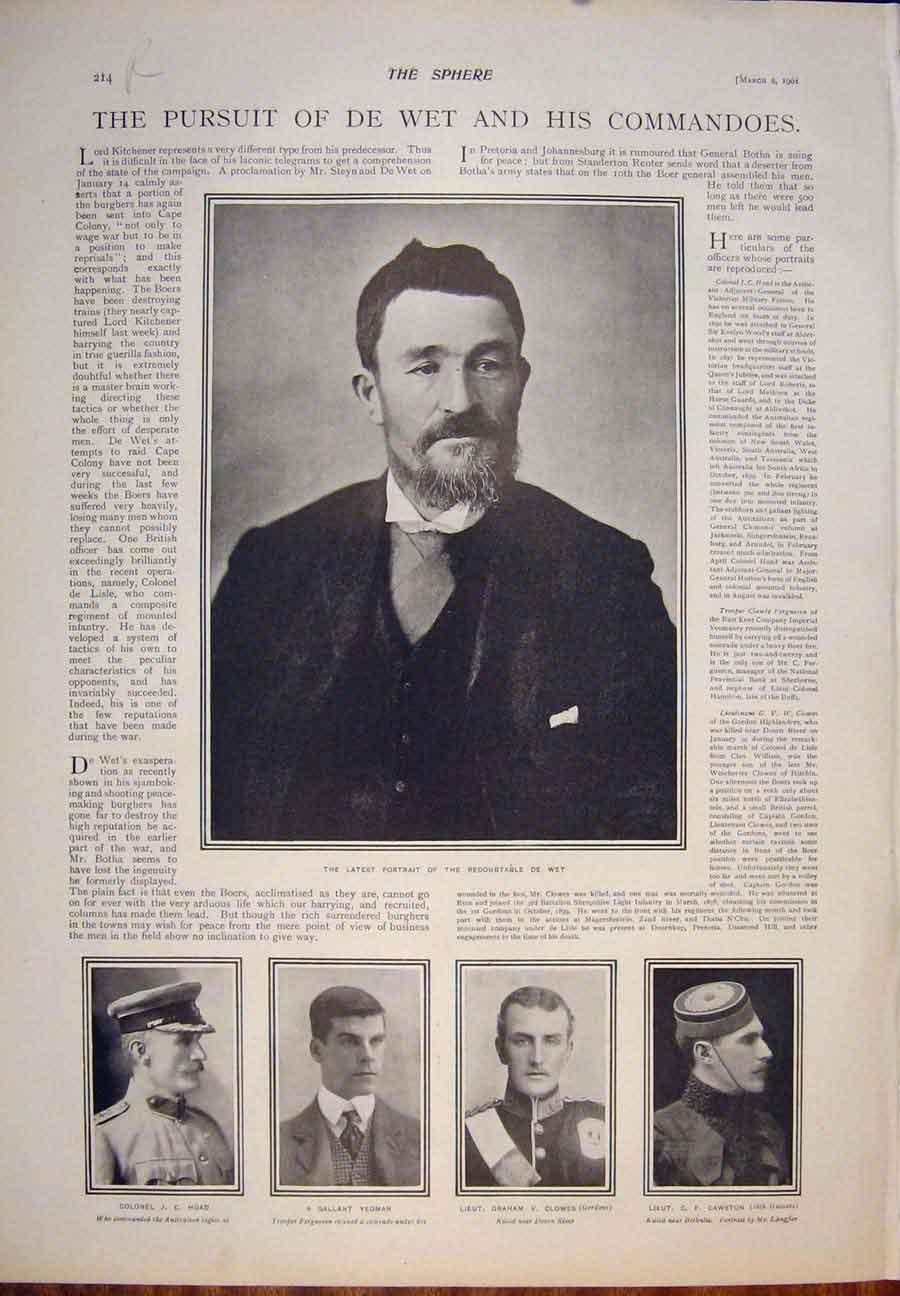 Original Old Antique Print De Wet Hoad Yeoman Clowes Cawston Portrait