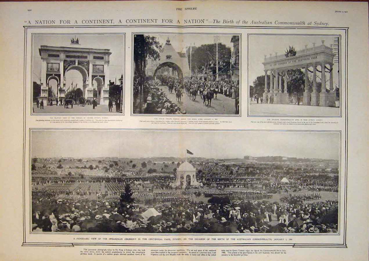 Original Old Antique Print Australian Commonwealth Sydney Arch Centennial Park