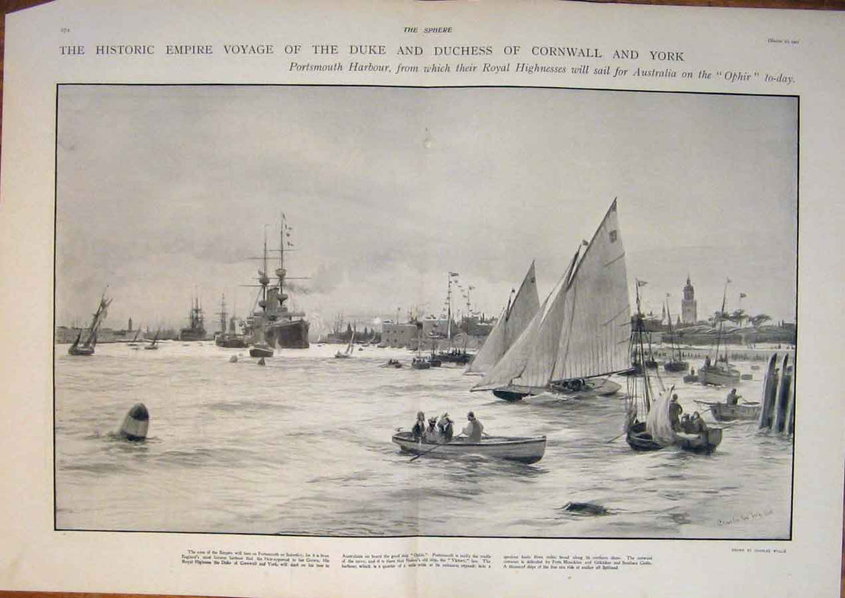Old Antique Print Duke Duchess Cornwall York Portsmouth Ophir Voyage 1901 20th