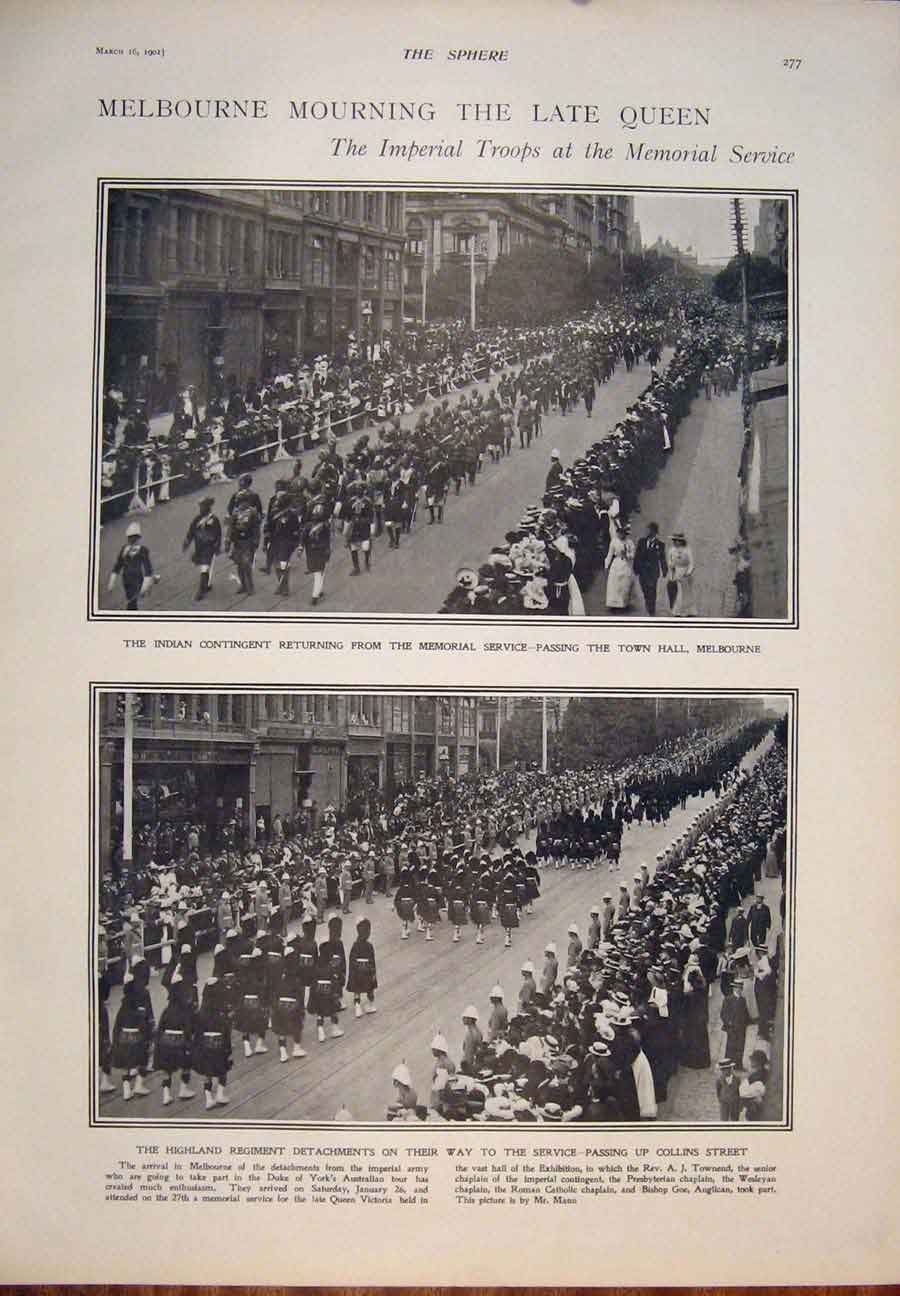 Original Old Antique Print Melbourne Late Queen March Highland Regiment 1901