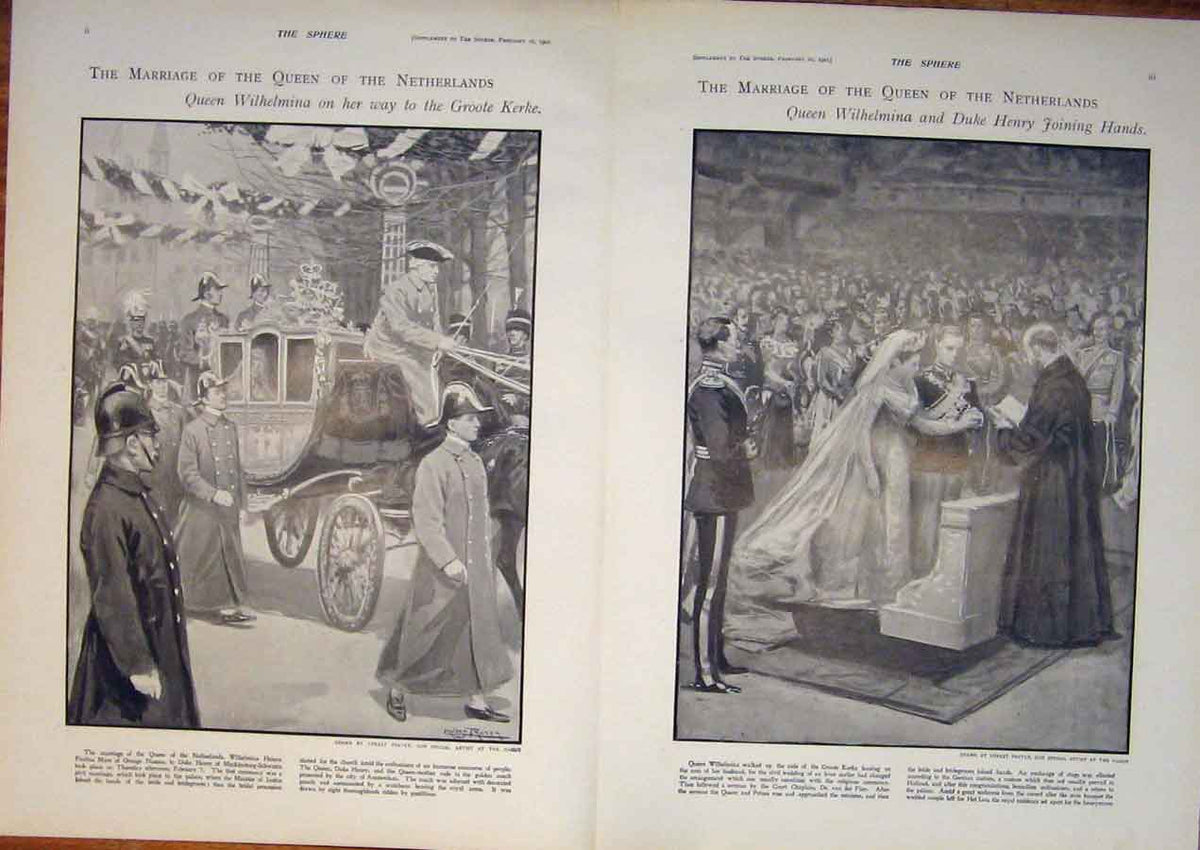 Original Old Antique Print Marriage Wilhelmina Holland Netherlands Henry