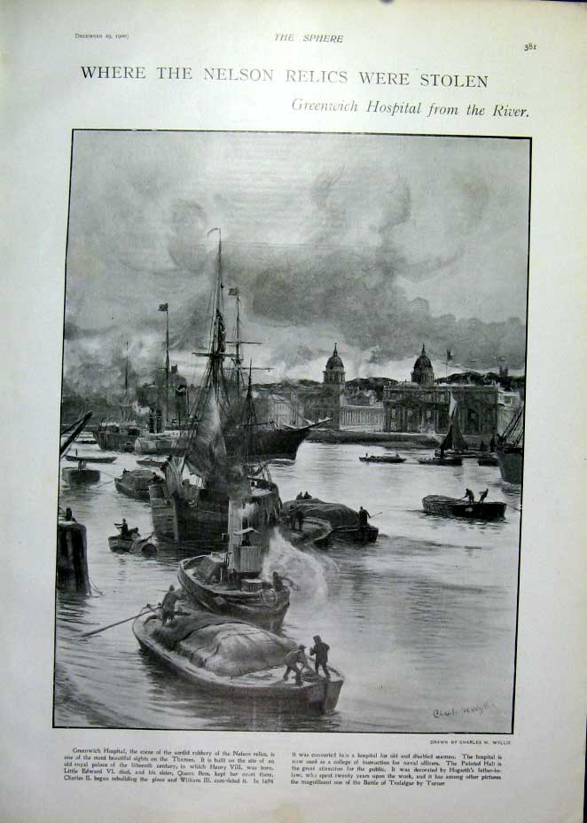 Original Old Antique Print Grenwich Hospital From River 1900 Theft Nelson Relics