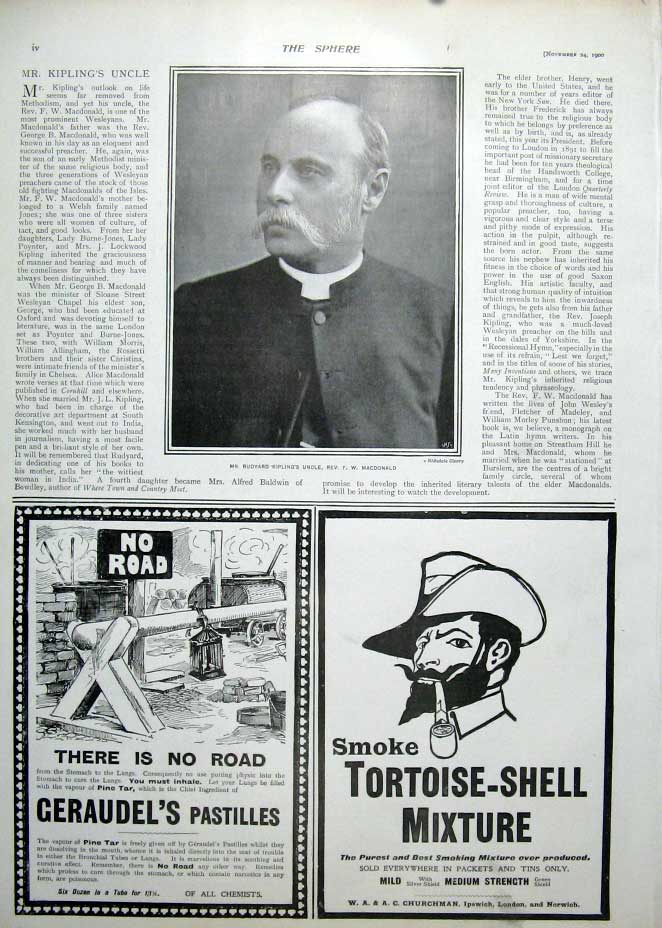 Original Old Antique Print Portrait Rudyard Kipling'S Uncle Rev Macdonald 1900