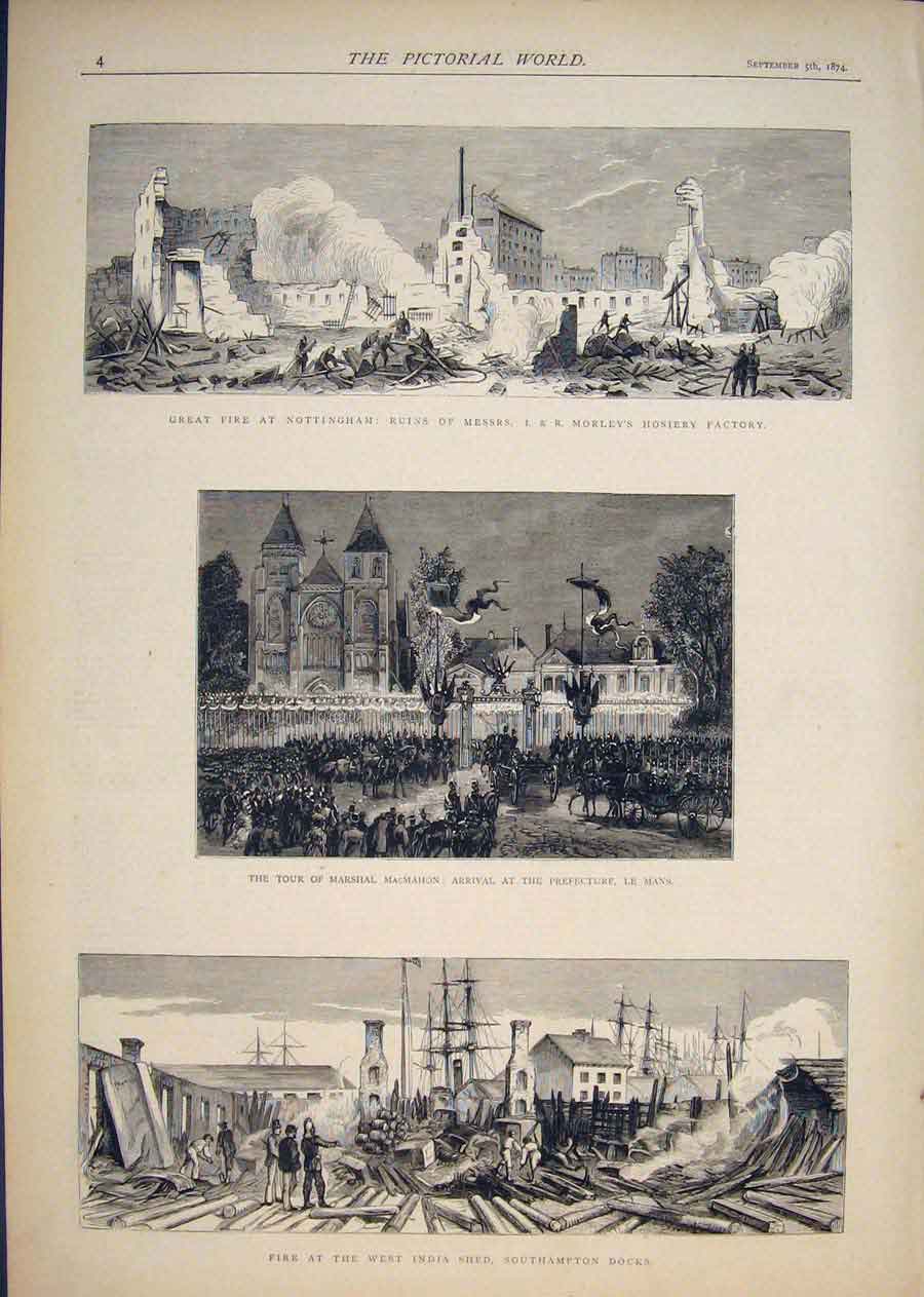 Original Old Antique Print Nottingham Fire Morely Hosiery Factory Le Mans Docks
