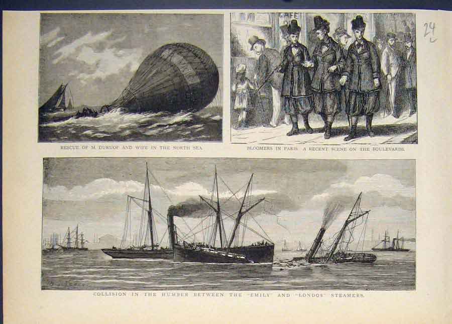 Original Old Antique Print Duruballoon Sea Paris Bloomers Fashion Humber Emily