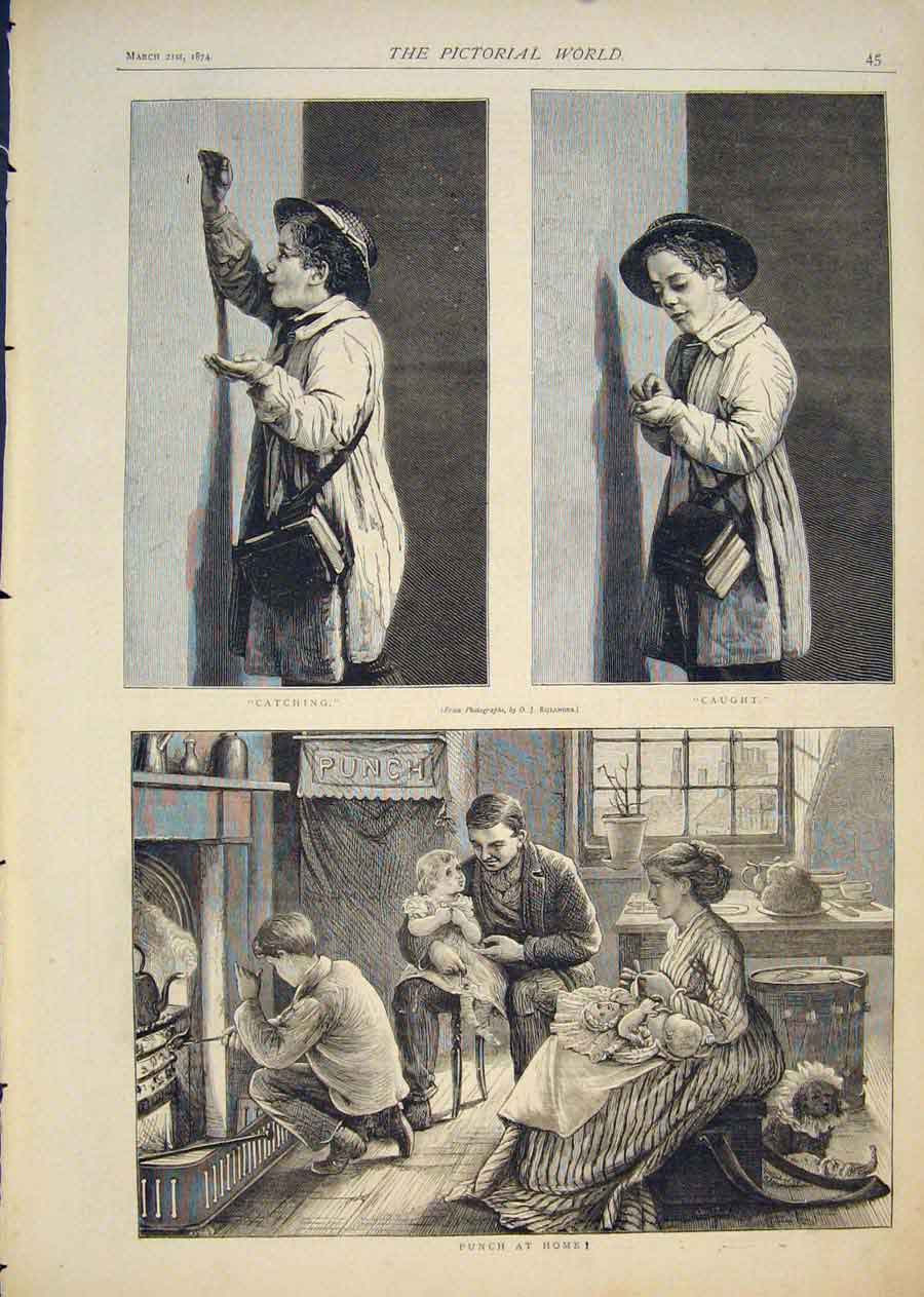 Original Old Antique Print Punch At Home Child Catching Caught Fine Art 1874