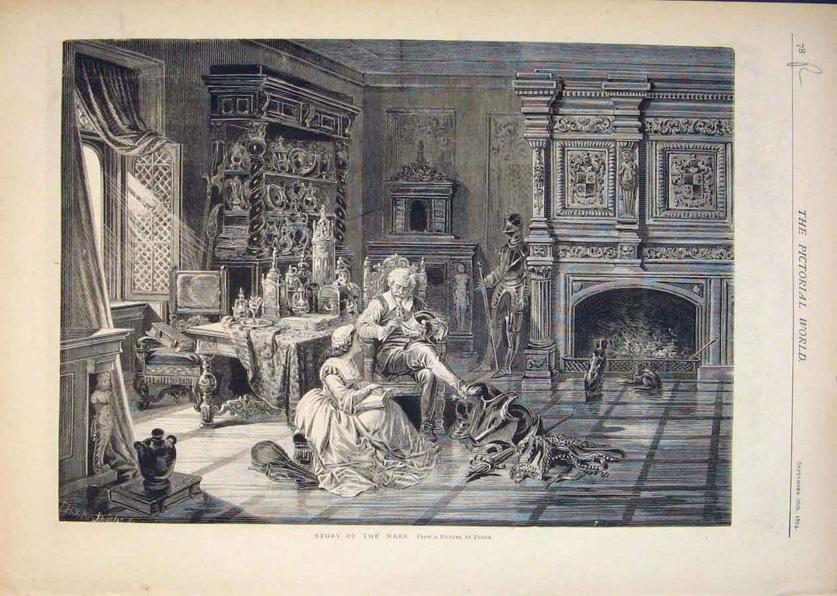 Original Old Antique Print War Story Euder Fixed Loom Spinning Dog 1874 19th