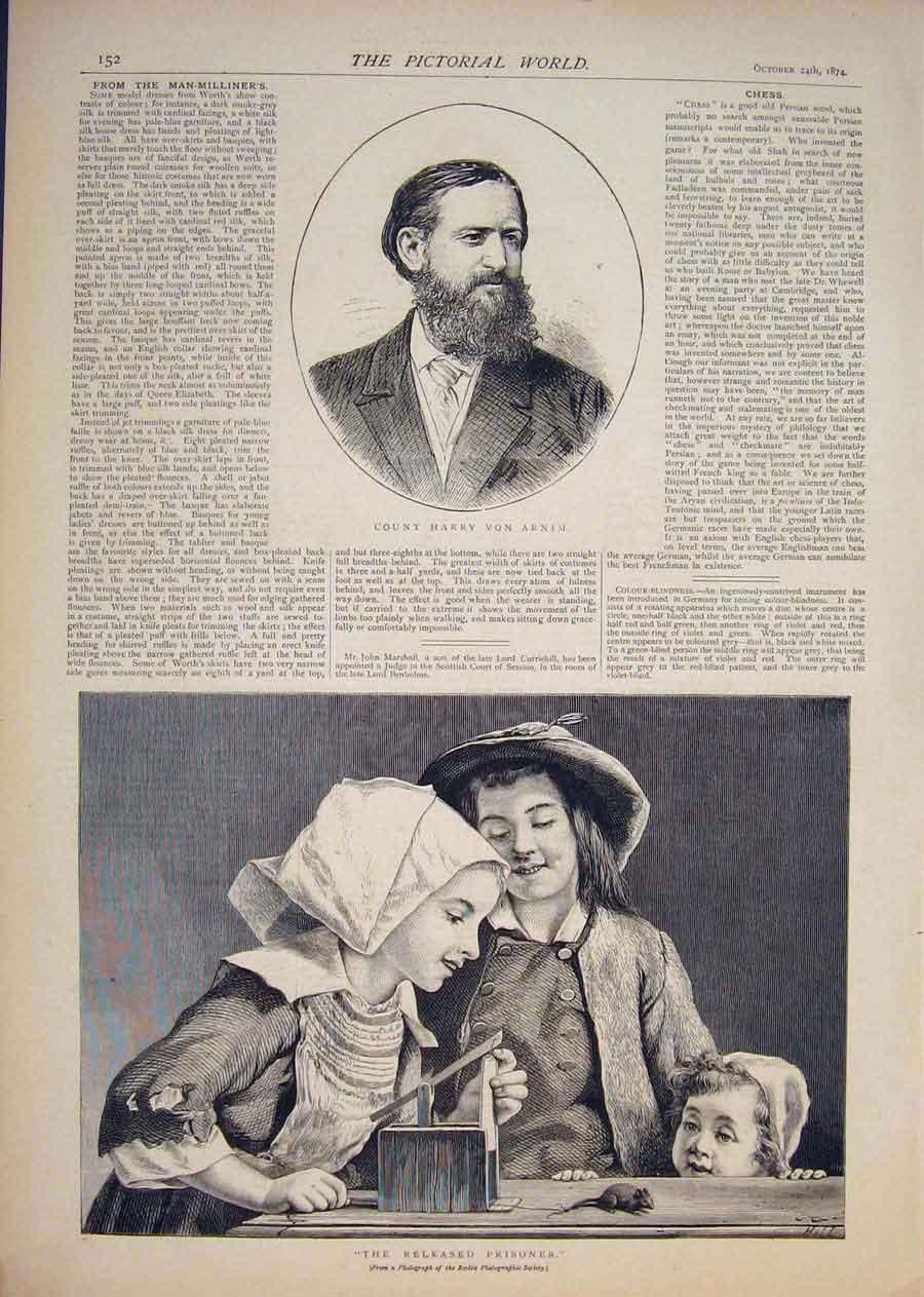 Original Old Antique Print Portrait Count Von Arnim Released Prisoner Mouse 1874