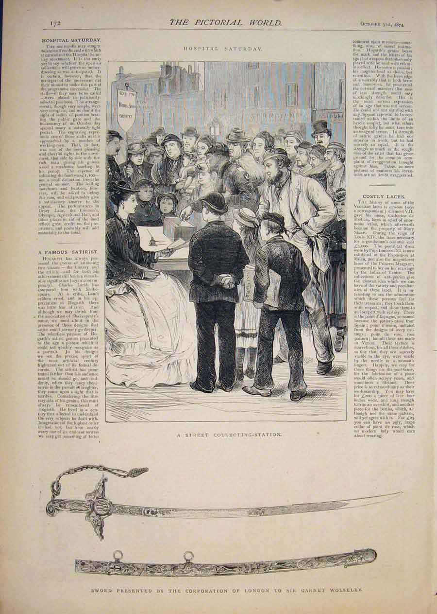 Old Antique Print Street Collecting Station Hospital Sword Wolseley 1874 19th