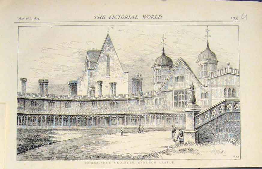 Original Old Antique Print Horse Shoe Cloister Windsor Castle 1874 Victorian