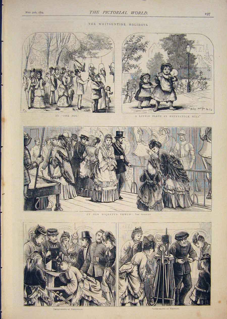 Original Old Antique Print Whitsuntide Holiday Zoo Haverstock Hill Tower London