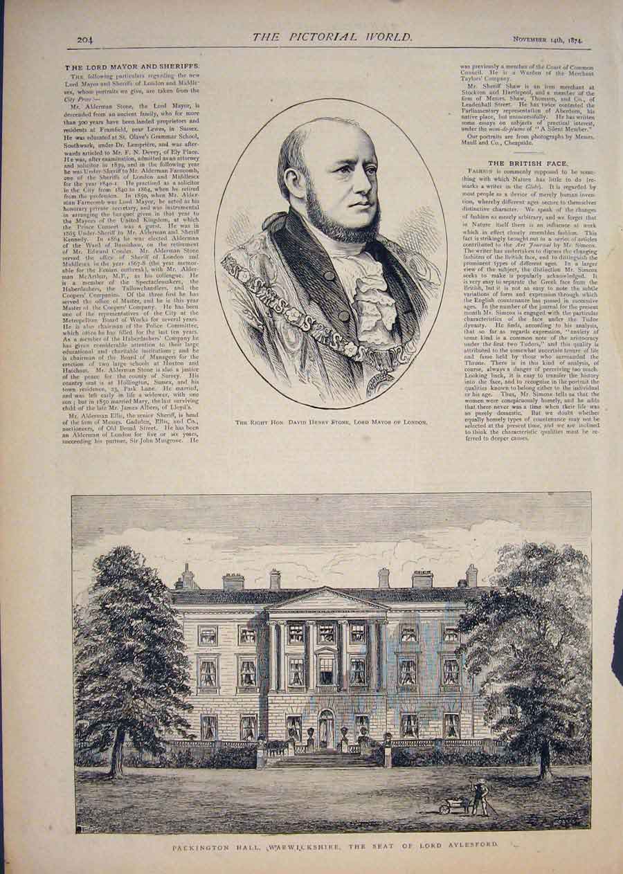 Old Antique Print Portrait Stone London Packington Warwickshire Aylesford