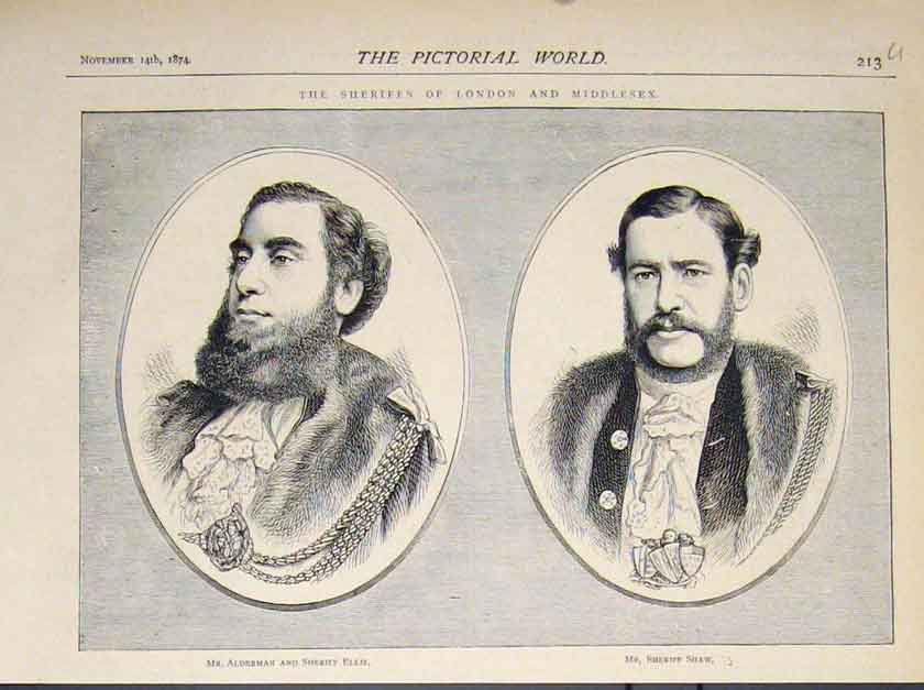 Old Antique Print Portrait Sheriffs London Middlesex Ellis Shaw Alderman