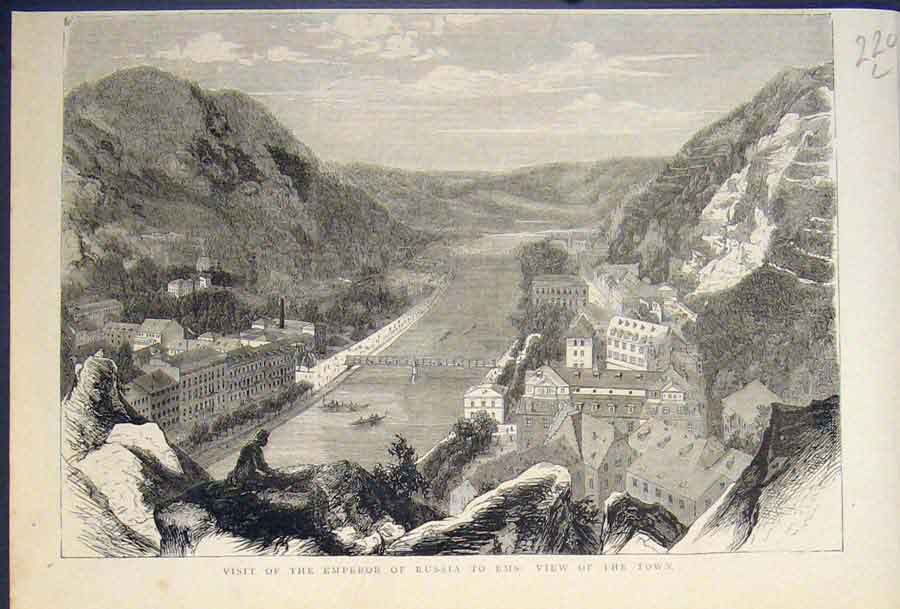 Original Old Antique Print Emperor Russia Ems Town Visit 1874 19th