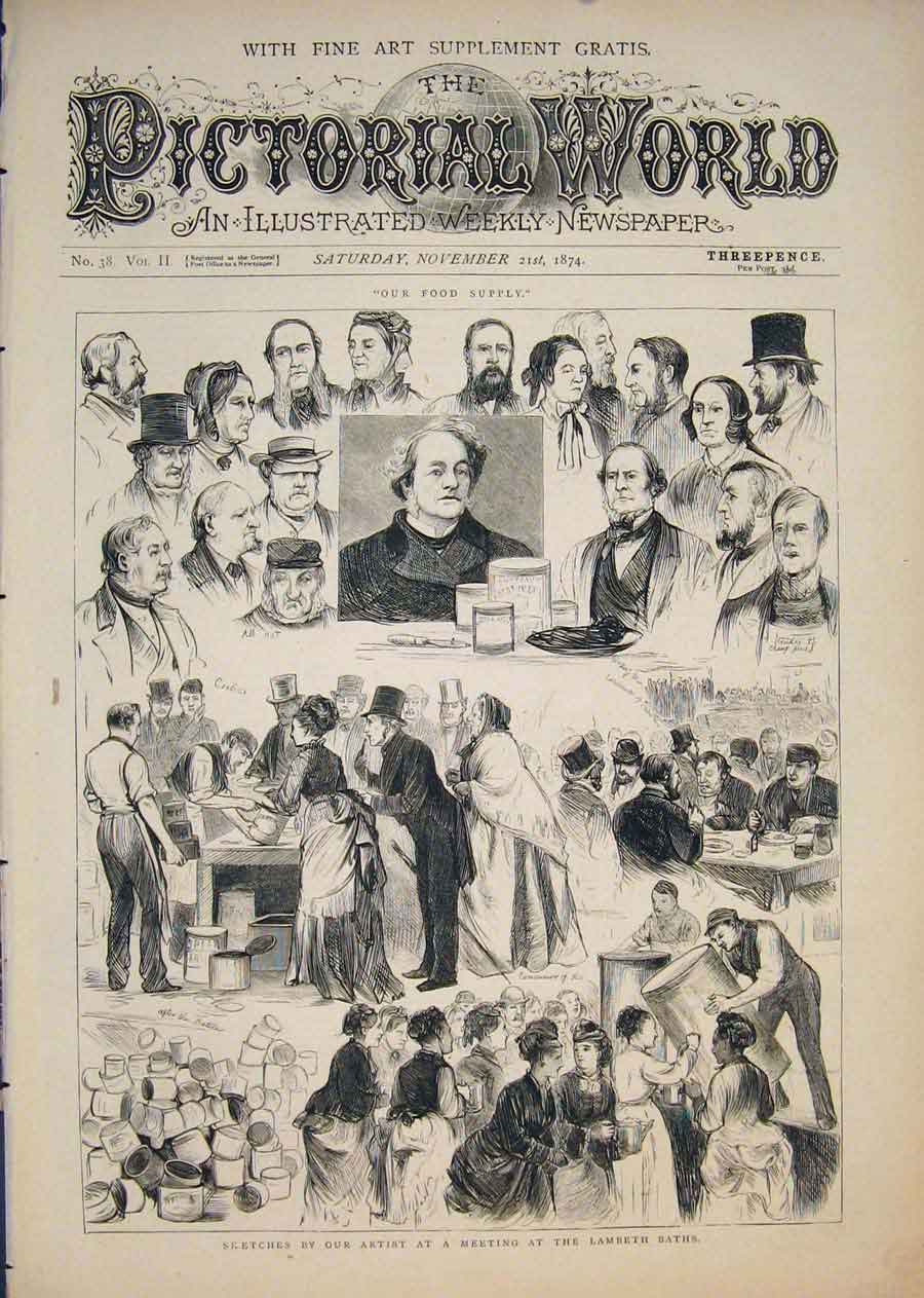 Original Old Antique Print Sketches Meeting Lambeth Baths Food Supply 1874 19th