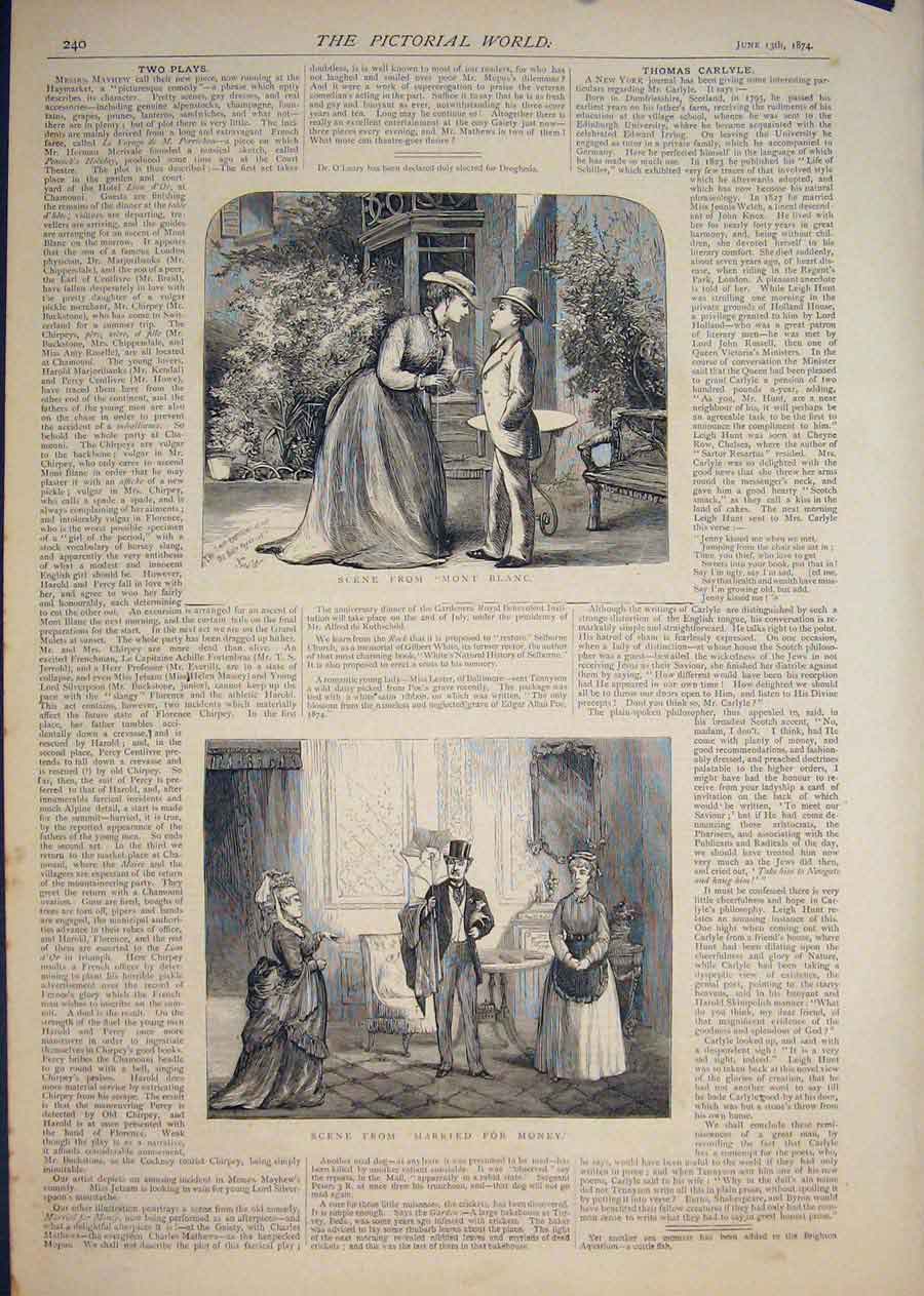 Original Old Antique Print Mont Blanc Married Money Theatre Scene Play 1874 19th