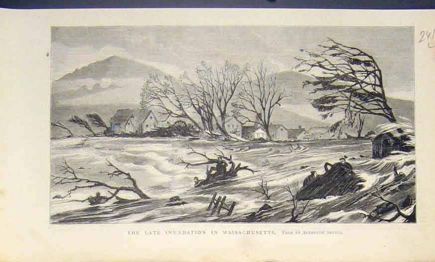 Original Old Antique Print Massachusetts America River Floods 1874 Victorian