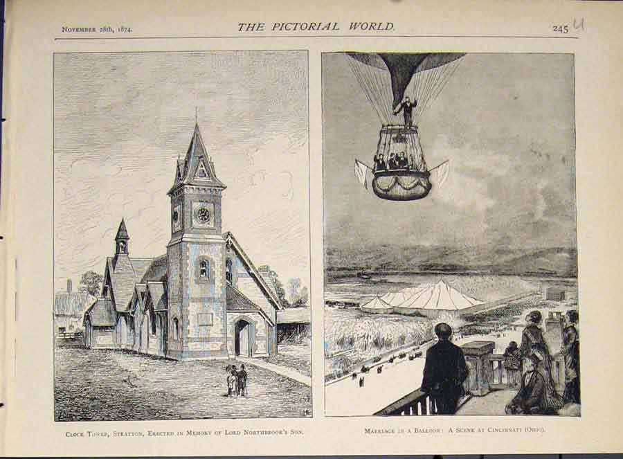 Old Antique Print Clock Tower Stratton Northbrook Balloon Marriage Ohio