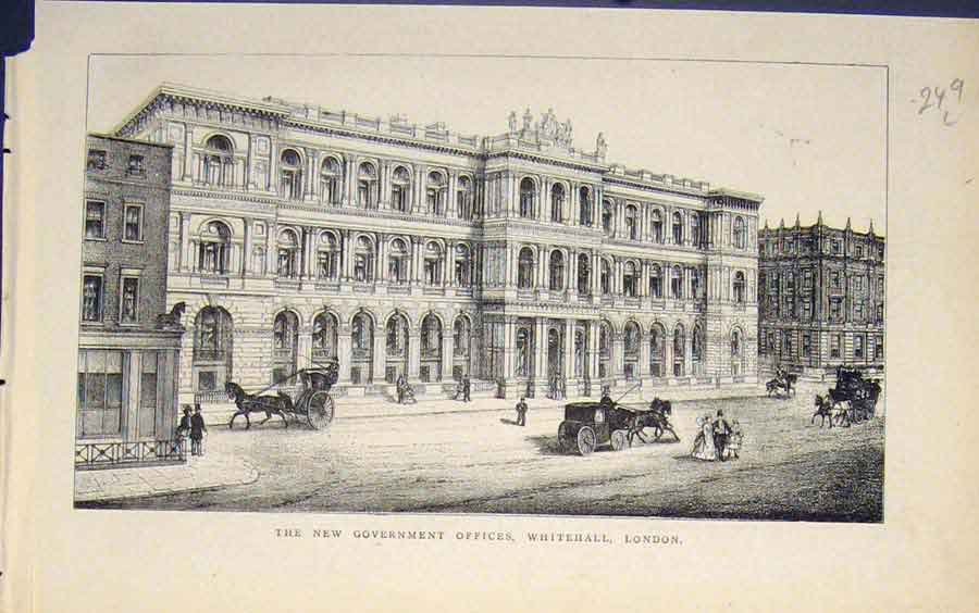 Original Old Antique Print Government Offices Whitehall London 1874 Victorian