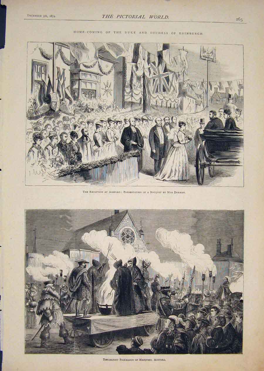 Original Old Antique Print Ashford Bouquet Dorman Duke Procession Masquers 1874