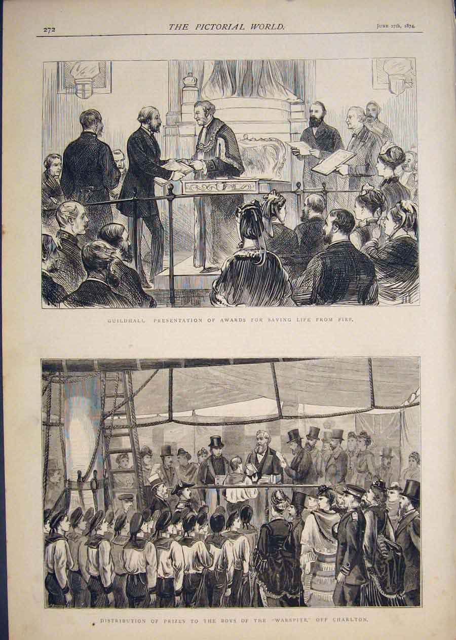 Original Old Antique Print Guildhall Presentation Awardsd Fire Warspite Charlton