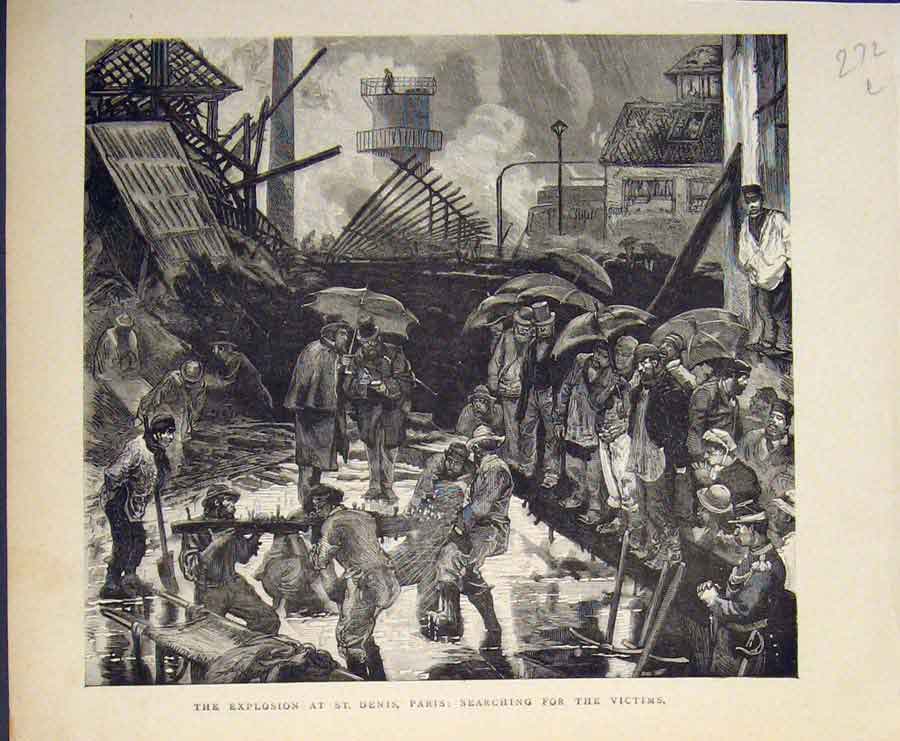 Original Old Antique Print St Denis Paris France Explosion Victims Search 1874