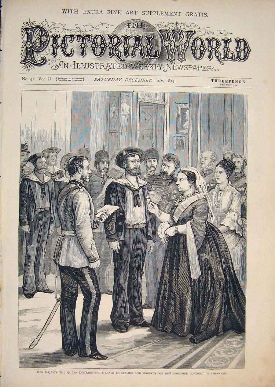 Original Old Antique Print Medals Seamen Marines Ashantee Queen London 1874 19th