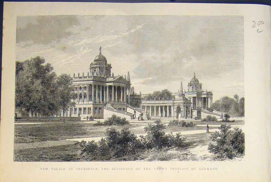 Original Old Antique Print Palace Saussonce Germany 1874 19th Century