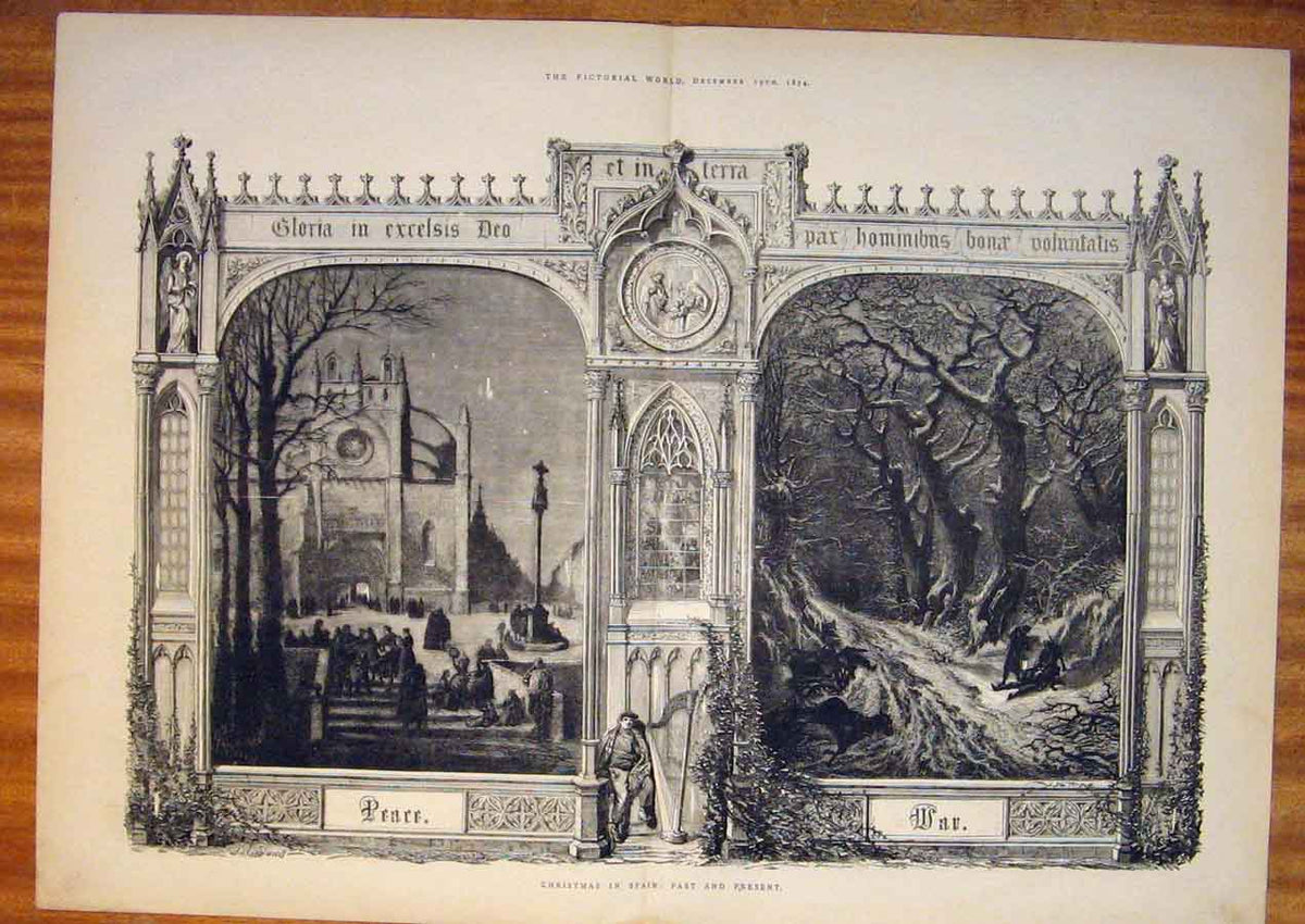 Original Old Antique Print Christmas Spain Past Present Peace War 1874 19th