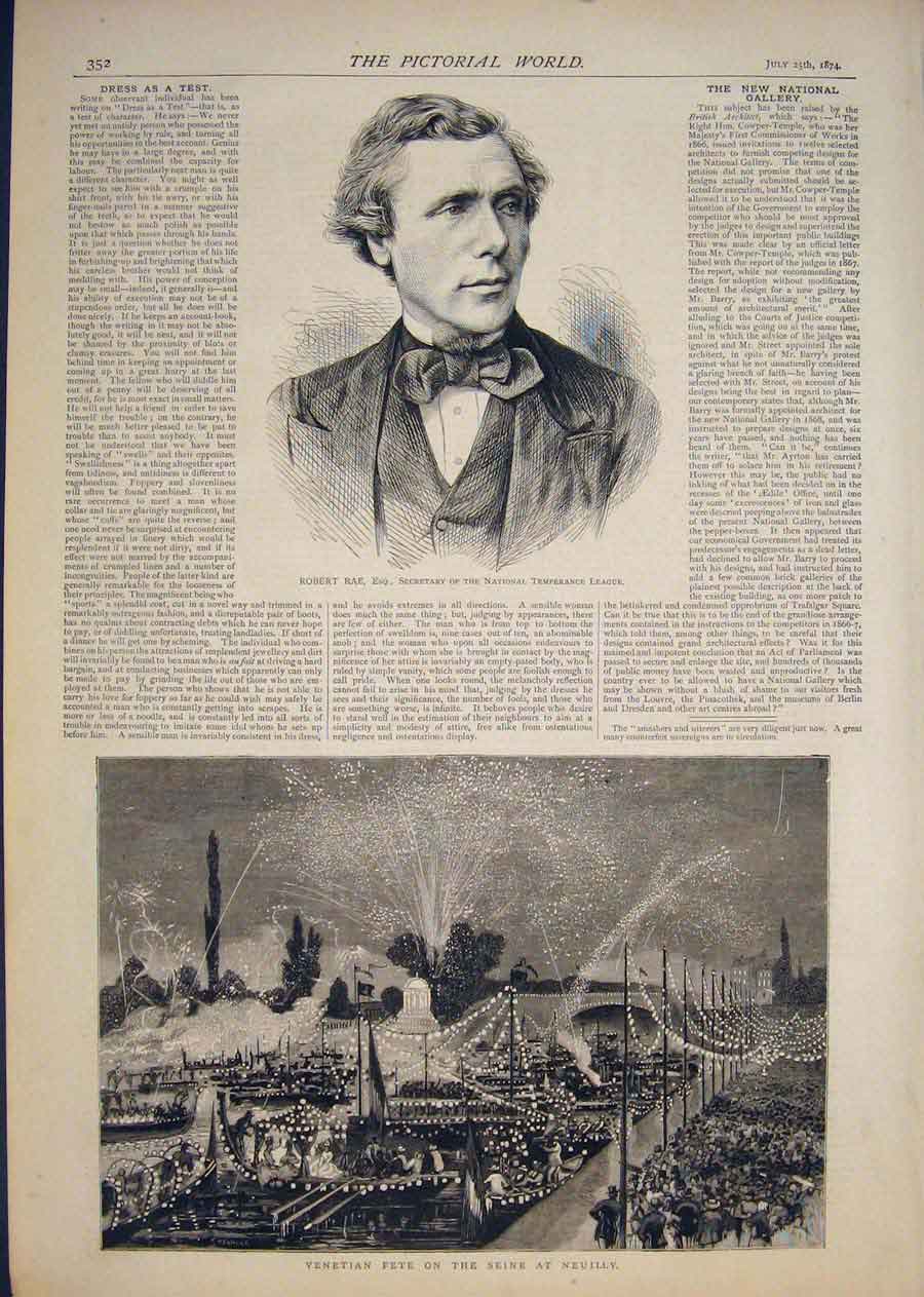 Original Old Antique Print Portrait Robert Rae Venetian Fete Seine Neuilly 1874