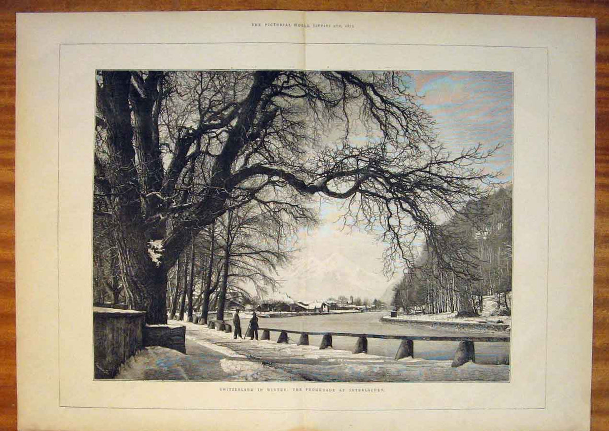 Original Old Antique Print Switzerland Winter Promenade Interlachen 1874 19th