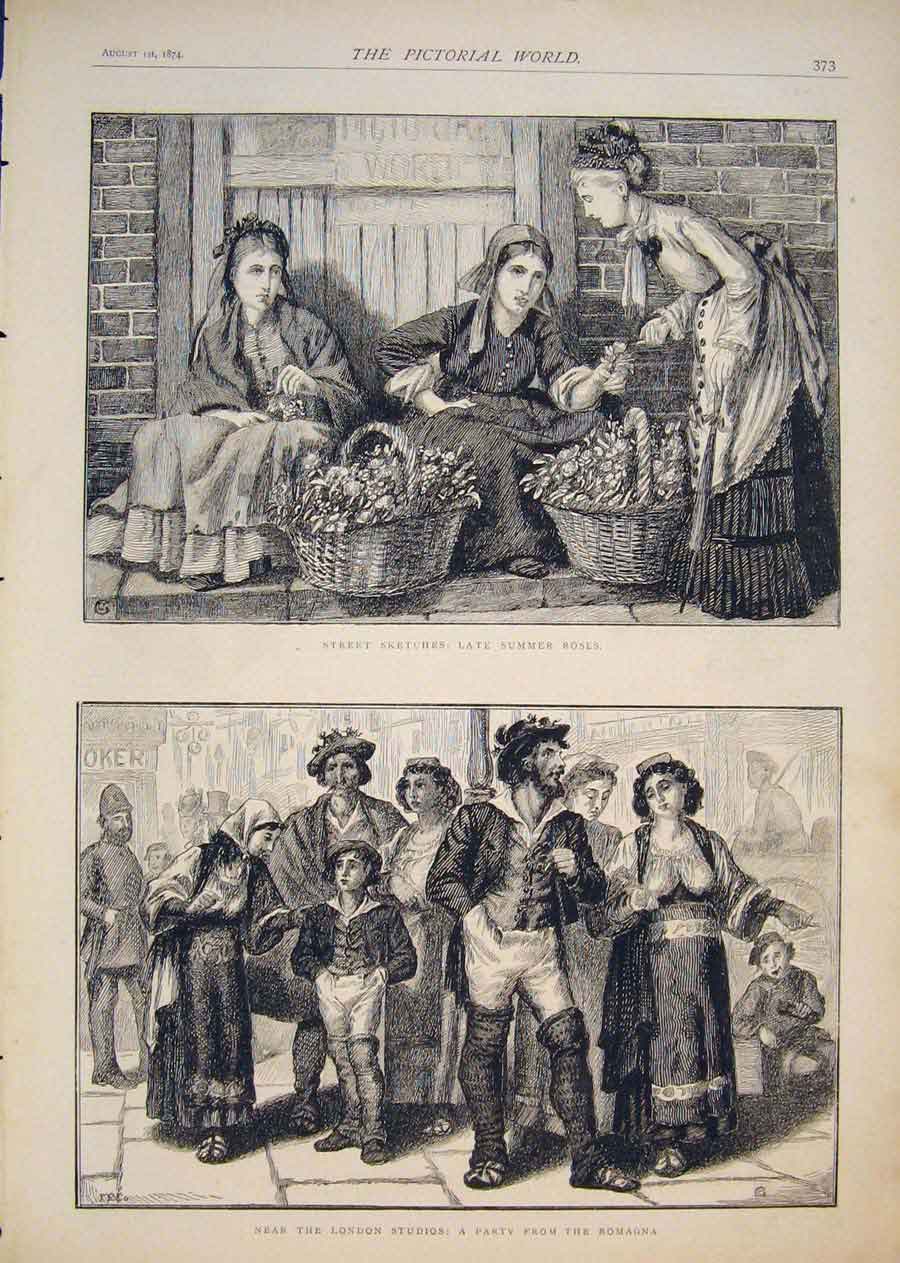 Old Antique Print Sketch Street Summer Roses London Studio Party Romagna