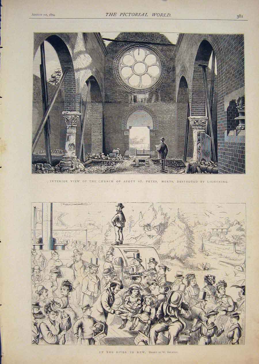 Old Antique Print Ayott St Peter Herts Church Lightening River Kew London