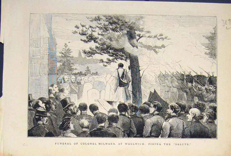 Original Old Antique Print Funeral Colonel Milward Woolwich London Salute 1874