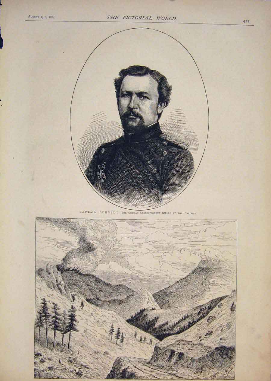 Original Old Antique Print Portrait Captain Schmidt Forest Fire Colorado America
