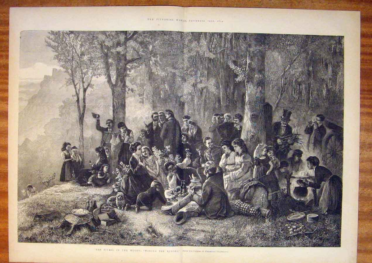 Original Old Antique Print Picnic Woods Hildemann Fine Art 1874 19th