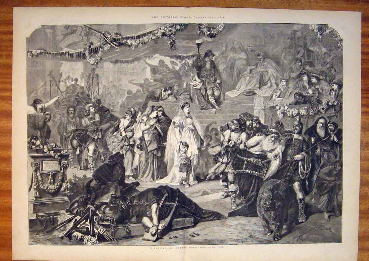 Original Old Antique Print Triumphal Entry Karl Piloty Fine Art 1874 Victorian
