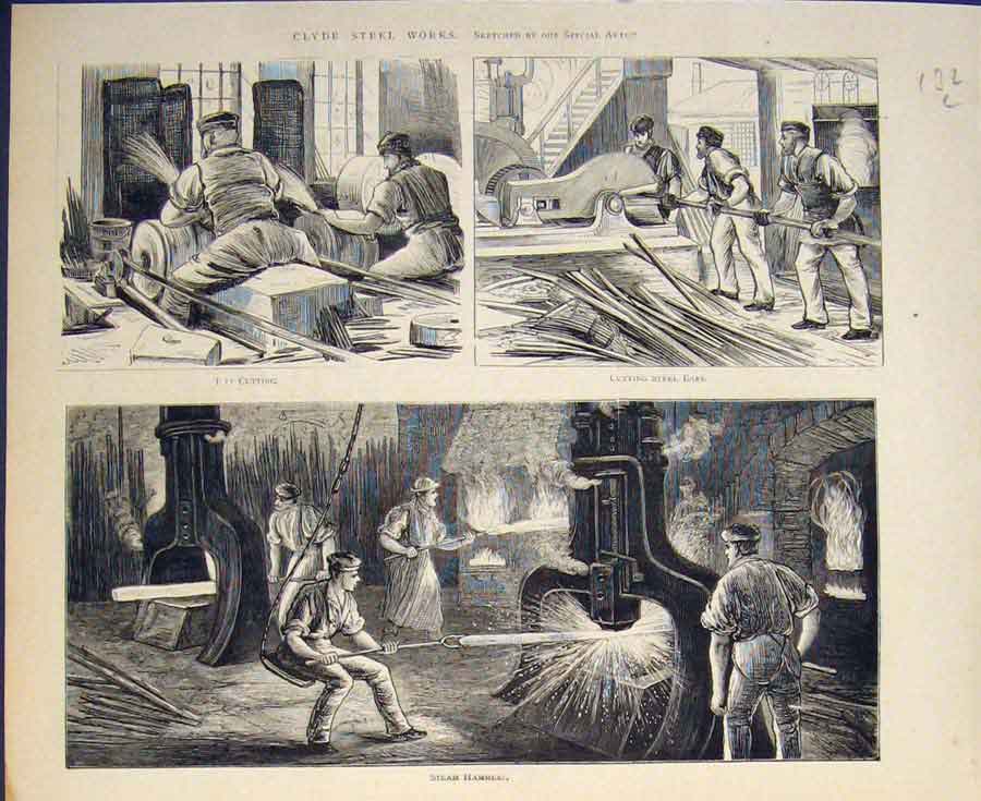 Original Old Antique Print Clyde Steel Works Hammer 1874 19th Century