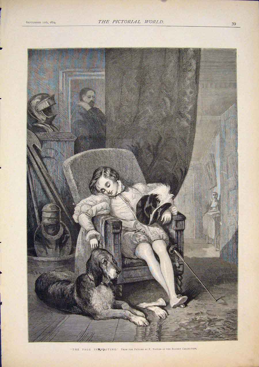 Original Old Antique Print Page In Waiting Tayler Ellison Fine Art 1874 19th