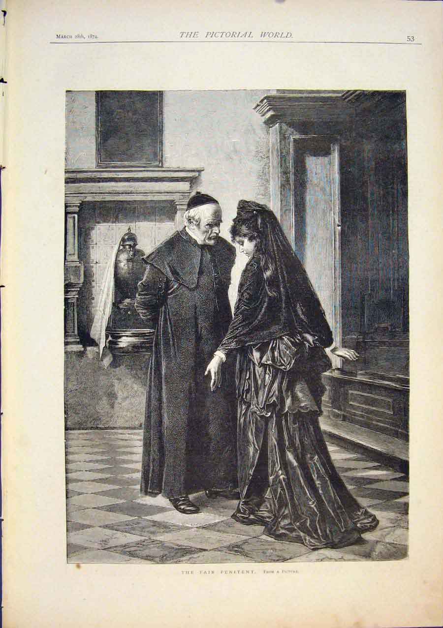 Original Old Antique Print Fair Penitent Priest Lady Church Fine Art 1874 19th