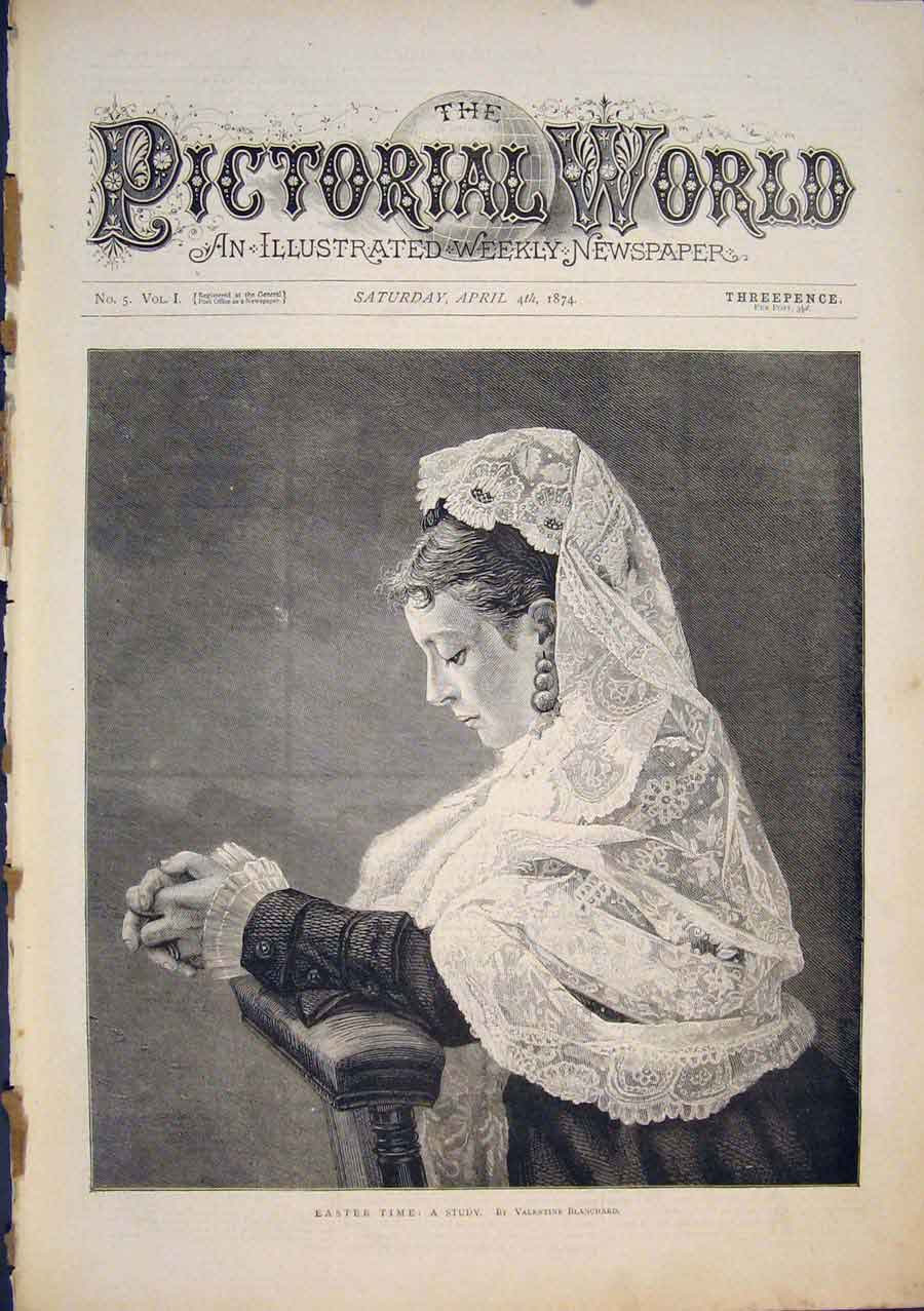 Old Antique Print Portrait Easter Time Study Valentine Blanchard Art 1874 19th