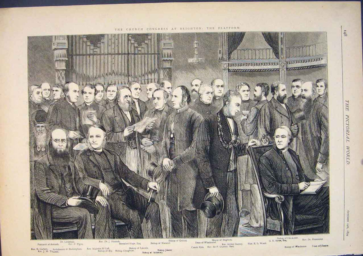 Original Old Antique Print Church Congress Brighton Platform Bishop 1874 19th