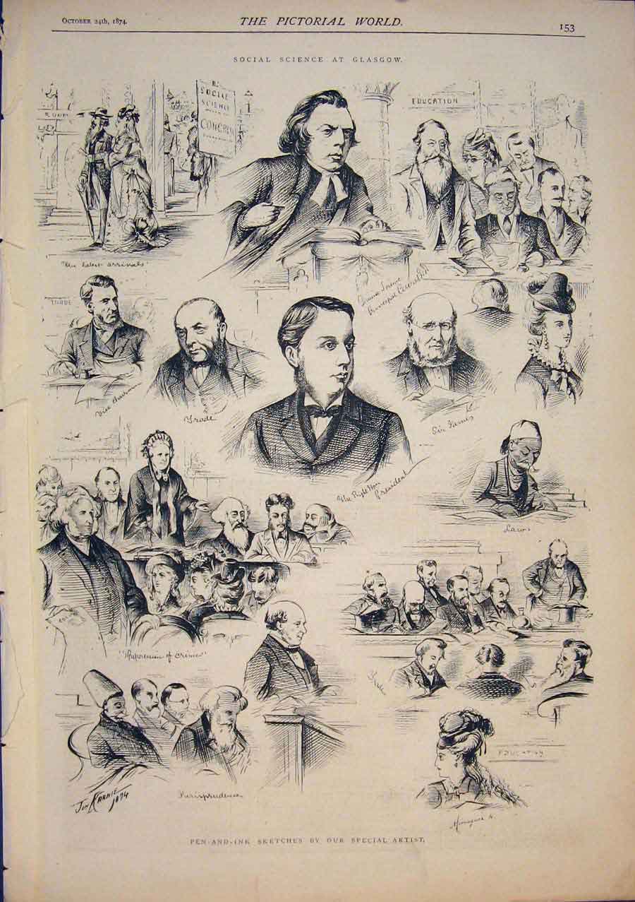 Original Old Antique Print Sketches Social Science Glasgow Scotland 1874 19th